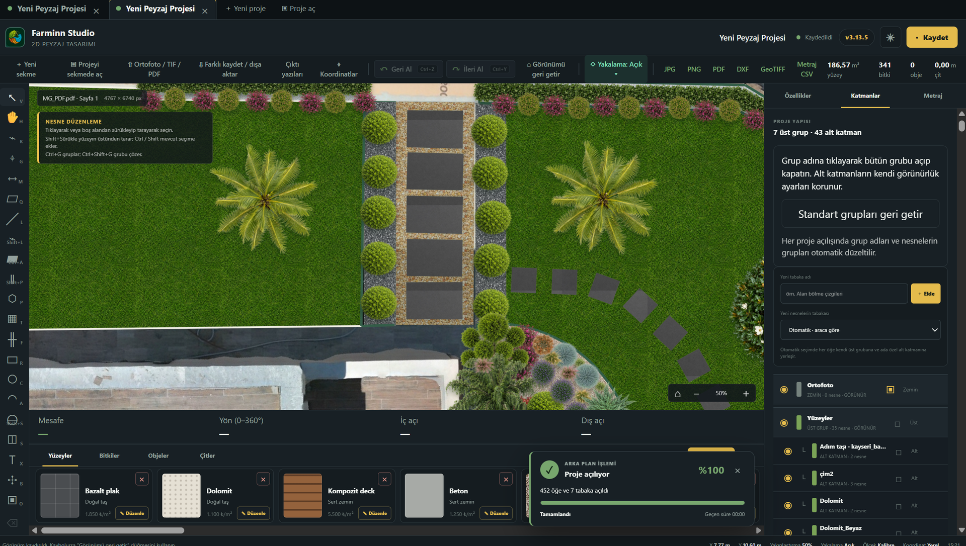 Farminn Studio üzerinde peyzaj eskizi, bitki yerleşimi ve metraj çalışması